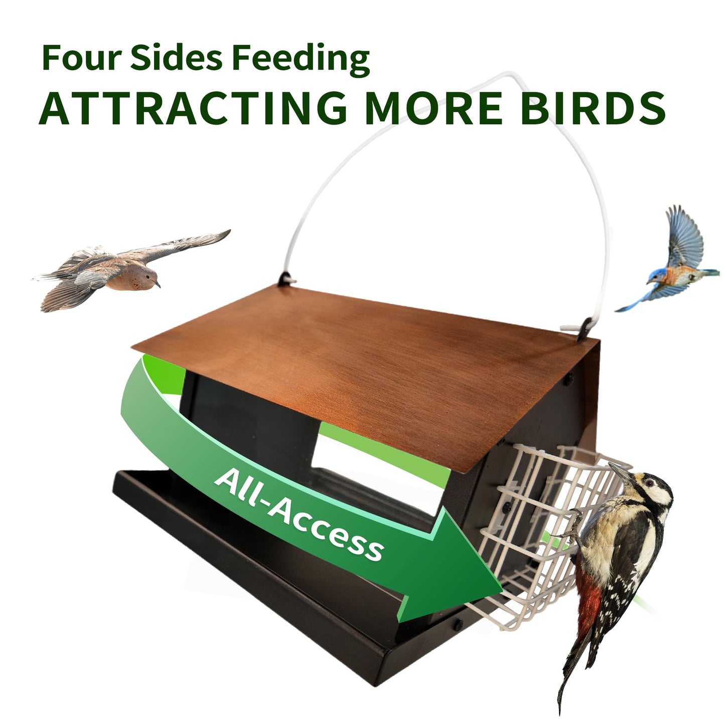Solution4Patio Bird Feeders for Outdoors Hanging, All Metal, Double Suet Cake and Large Capacity, Hopper Tray & Weatherproof for Finch, Cardinal & Chickadee (Brown)
