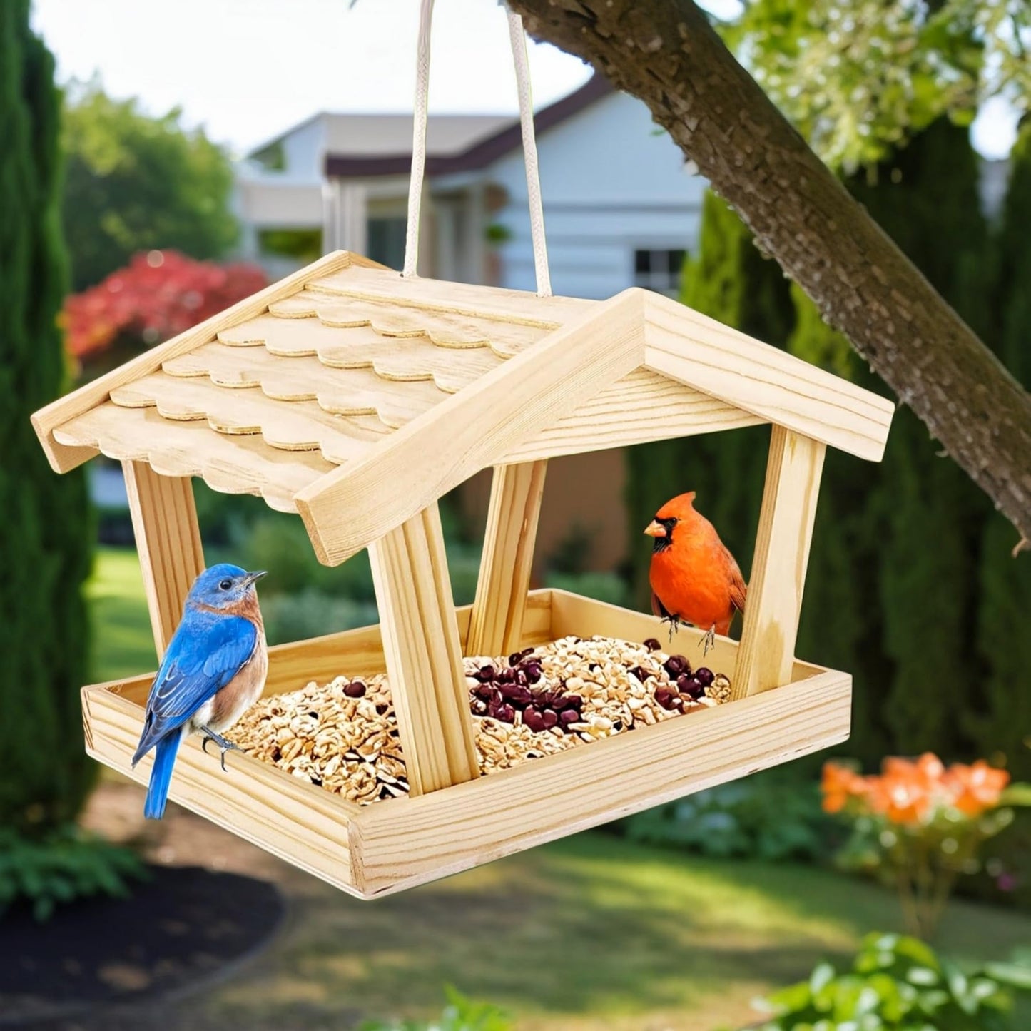 Dmnnlp Bird Feeders House, 10x6.3x7.8 Inch Wooden Wild Bird Feeders for Cardinals Finches Bluebird Mealworm, Platform Bird House Feeder for Garden Yard Outside Hanging, Unfinished Wood