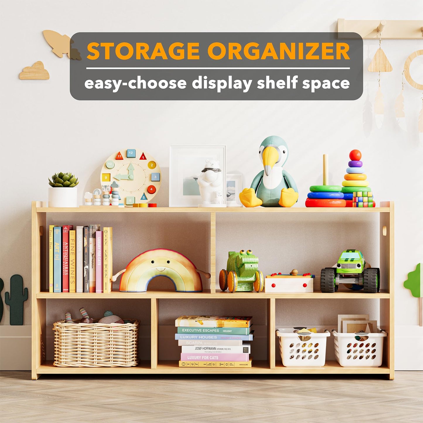 SpaceAid 5-Compartment Bookshelf, Montessori Bookcase for Toddlers, Wooden Book Shelf Organizer Storage Furniture for Kids Rooms, Playroom, Nursery and Classroom, 44.5“ Wide, Natural