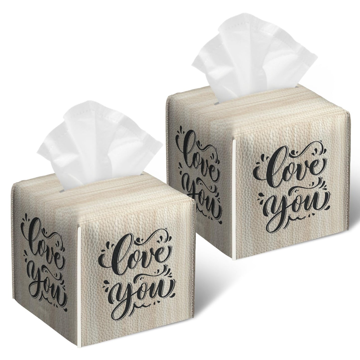 2 Pack Love You Tissue Box Cover Square Wooden Board Texture PU Leather Tissue Box Holder Waterproof Facial Paper Organizer Dispenser for Bathroom Kitchen Home Office Car