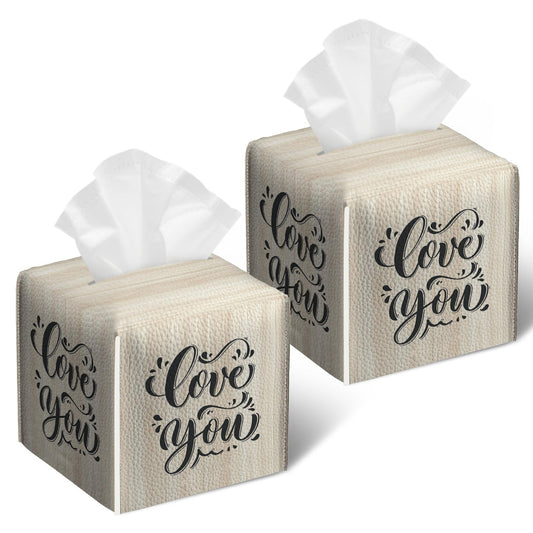 2 Pack Love You Tissue Box Cover Square Wooden Board Texture PU Leather Tissue Box Holder Waterproof Facial Paper Organizer Dispenser for Bathroom Kitchen Home Office Car