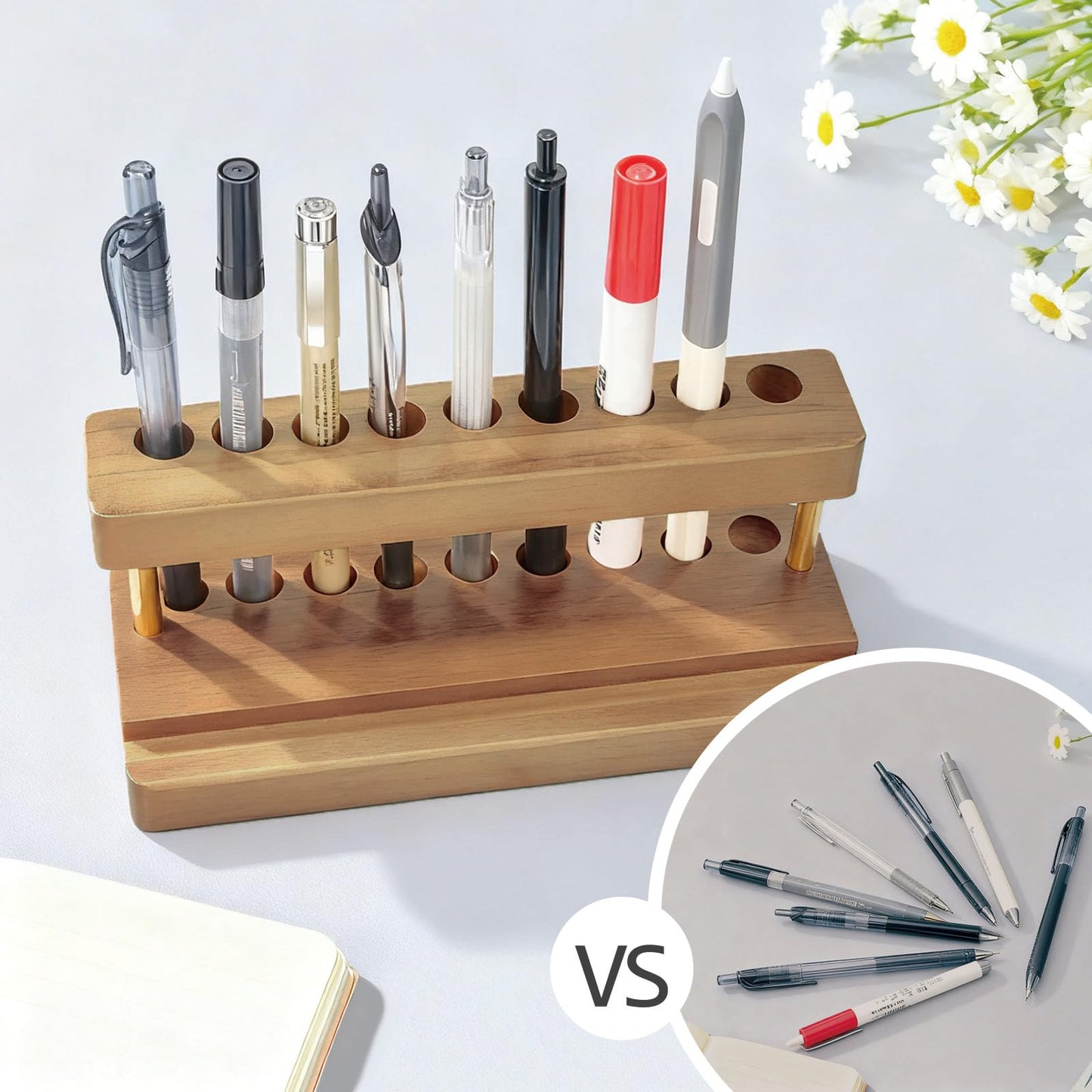 VOVCIG Multifunctional Wood Pen Holder for Desk,Fountain Pen Stand with 9 Slots and Phone Holder,for Office and Home Desk Decor