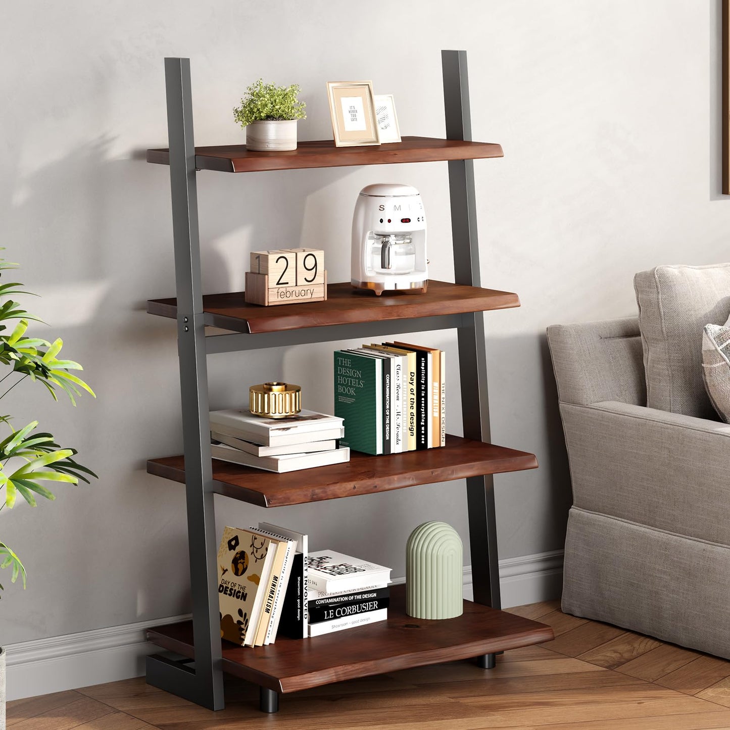 IBF 4-Tier Solid Wood Ladder Bookshelf with Natural Live Edge