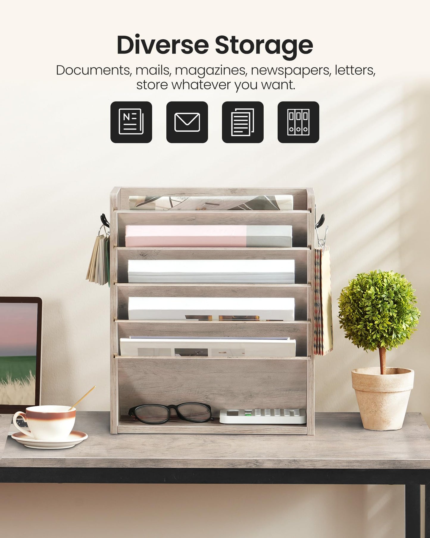 CHOEZON Wall File Organizer, 6-Tier Vertical Mount Hanging Holder with 2 Side Hooks, Modern Wooden Magazine Storage Holder with Bottom Tray, Desk Organizer, for Office, Home, Greige MWJ01FH