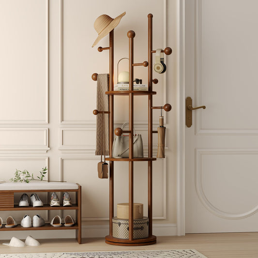 FROMJBEST Solid Wood Coat Rack Freestanding Rotating Clothes Rack with 9 Hooks & 3 Storage Shelves for Purse, Bag, Hat, Coat Hanger Stand for Entryway, Hallway, Office, Mid-Centry, Walnut