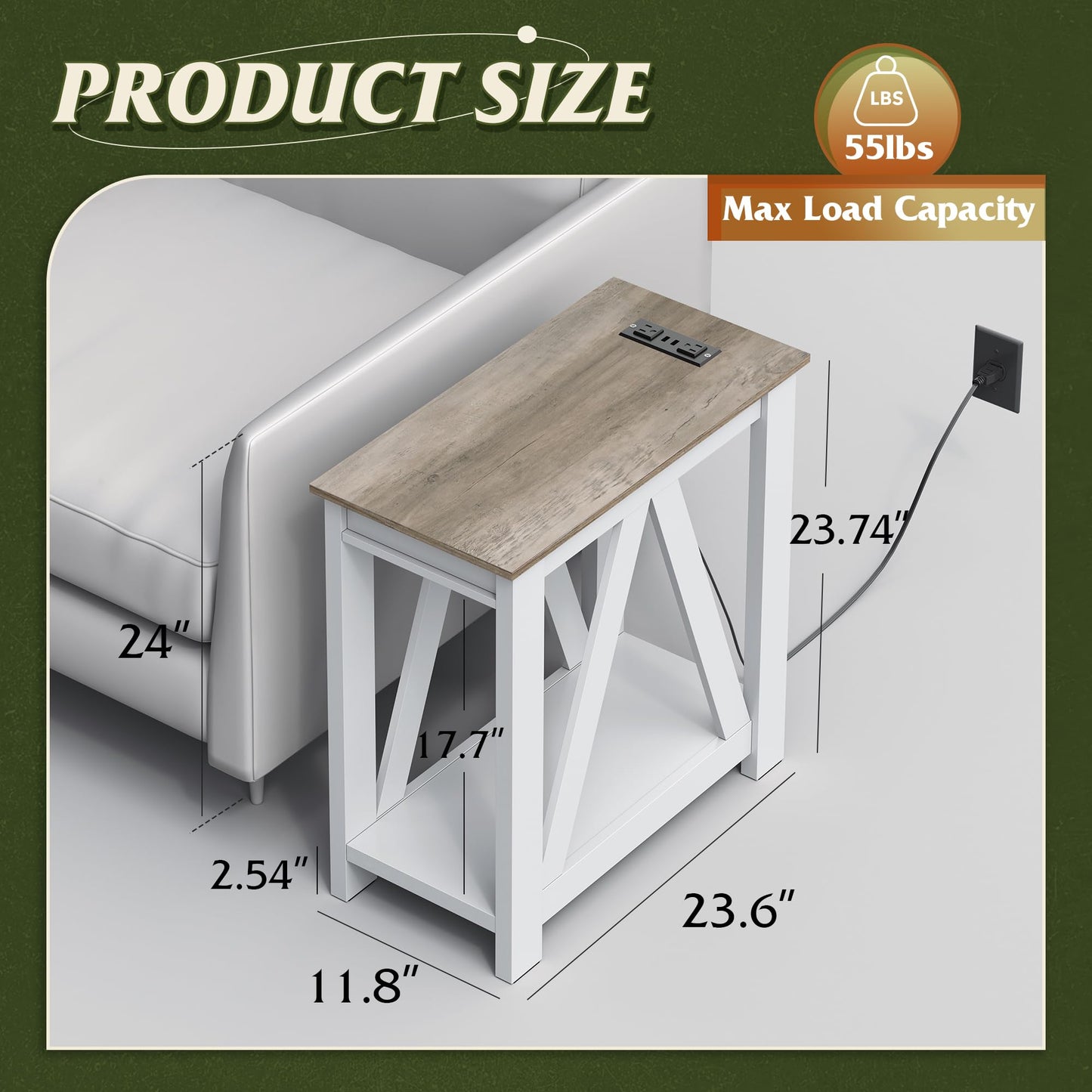 WLIVE Farmhouse End Table, Narrow Side Table with Charging Station, Slim End Table, Side Table for Bedroom, Living Room, Small Spaces, 2 USB and 2 Power Outlets, 11.8" D x 23.6" W x 23.74" H