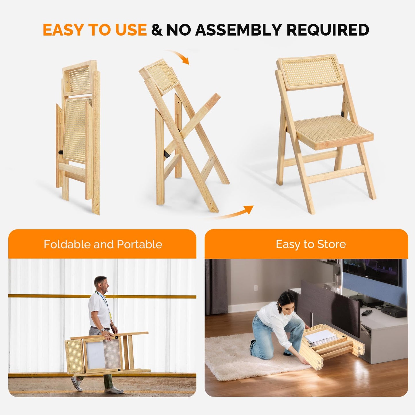 VINGLI 2 Pack Rattan Wooden Folding Chair, Dining Folding Chair with 360° Swivel Backrest, Sturdy Rubberwood Frame and Rattan Woven Seat and Back, Natural Color, Set of 2