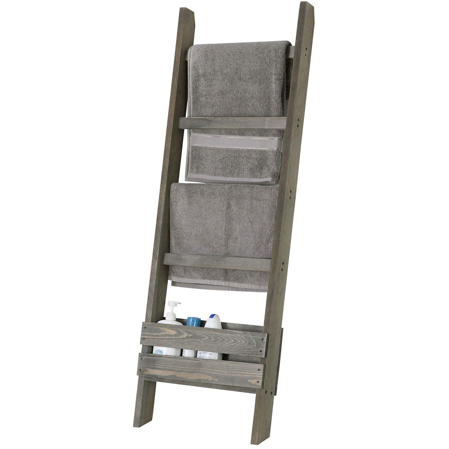 MyGift Blanket Ladder with Storage Shelf, Wooden Blanket Holder Rack, Decorative Ladder Shelf, Drying and Display Rack for Bathroom, Living Room, Gray