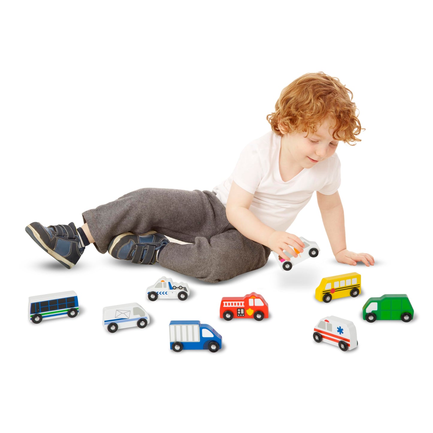 Melissa & Doug Wooden Town Vehicles Set in Wooden Tray (9 pcs)