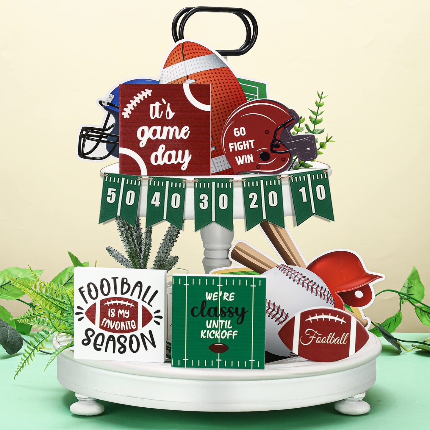 Sawysine 10 Pcs Football Tiered Tray Decor Farmhouse Football Decor Wooden Rustic Football Game Sign Go Fight Win Helmet Blocks Football Tray Decor for Football Season Table Party(Classic Style)