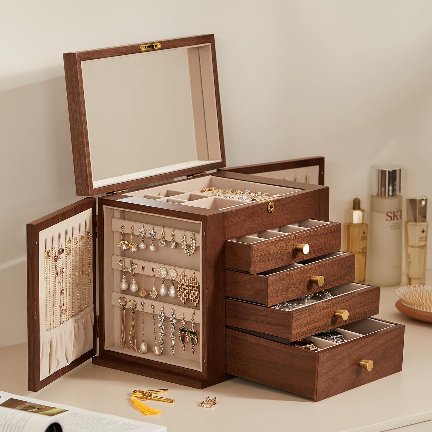 Homruilink Black Walnut Wooden Jewelry Box, Wood Jewelry Organizer with 2 Side Doors Mirror Lockable Classical Style for Watch Necklace Ring Earring Storage Fathers Day Gift-5 Layer