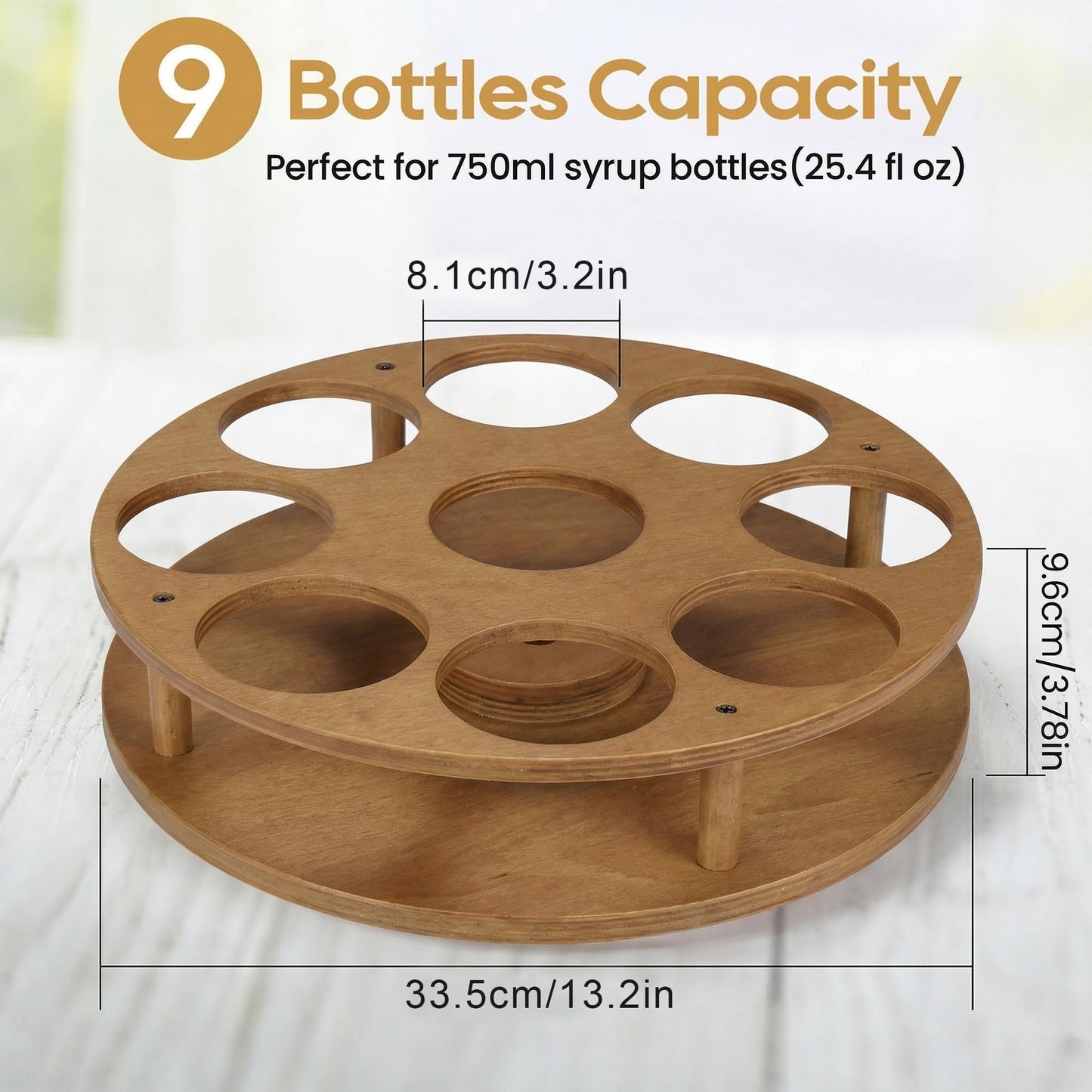 THYGIFTREE Rotating Coffee Syrup Organizer for Countertop, 9-Bottle Wooden Syrup Rack & Bottle Holder for Coffee Bar Station, Turntable Display Stand, Brown