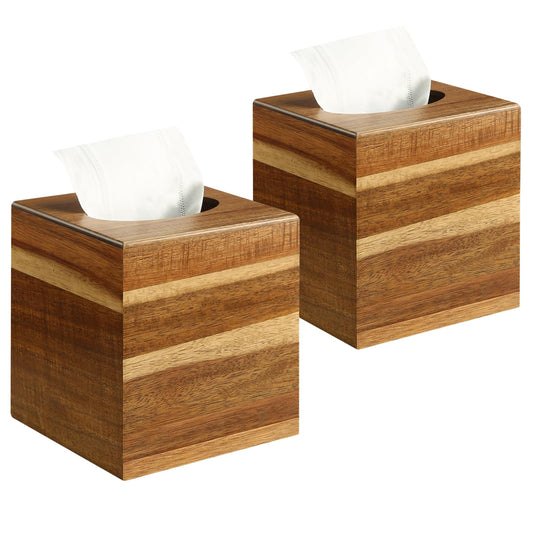 2 Pack Wooden Tissue Box Cover Square - Acacia Wood Tissue Box Holder for Tabletop Stands Bathroom Office- Decorative Facial Wood Tissue Box Cover for Modern Farmhouse Decor-Retro Natural Wood Color