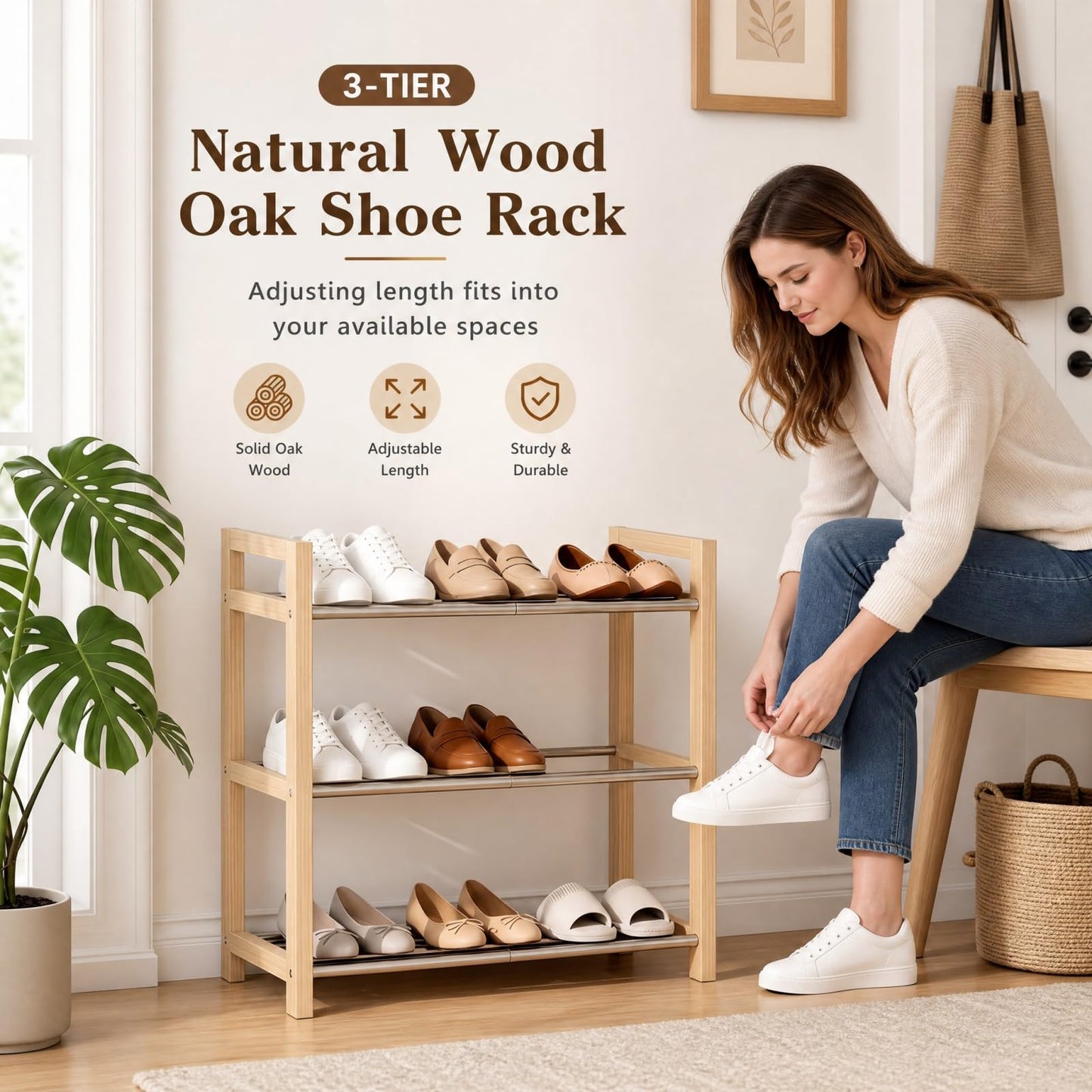 THENNIKIGO Shoe Rack Wooden, Oak Expandable Shoe Organizer, 3-Tier Stainless Steel Shoe Shelf, 17.7“-31.4” Shoe Storage 6-12 Pairs, for Closet, Garage, Narrow Spaces, Entryway, Door Entrance