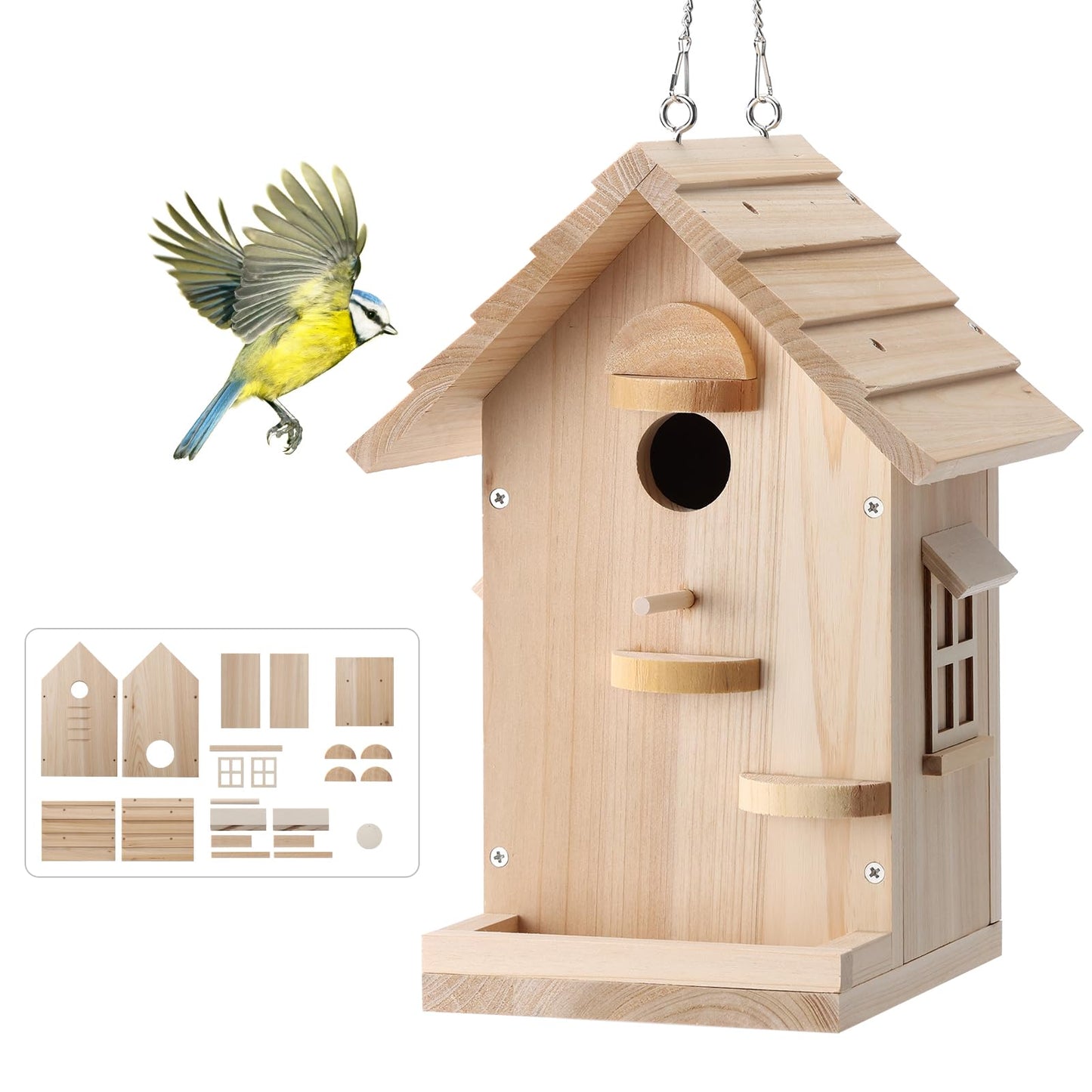 DIY Wooden Bird House Kit–Unfinished Natural Wood Hanging Birdhouse for Outdoor Garden Decor, Creative Craft Set for Kids & Adults