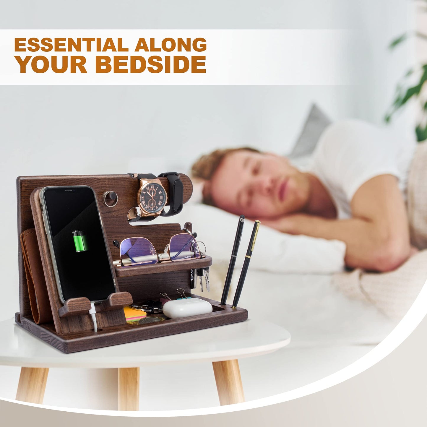 TESLYAR Wood Phone Docking Stations for Men - Desk or Nightstand Organizers