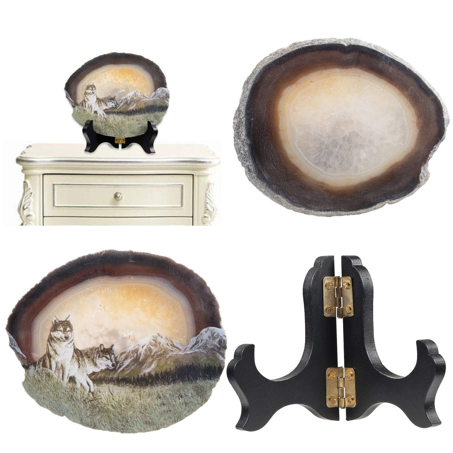 mookaitedecor Natural Agate Slice Art Print Wolves Table Display with Wooden Stand, Irregular Agate Geode Stone Figurine for Office & Home Decoration