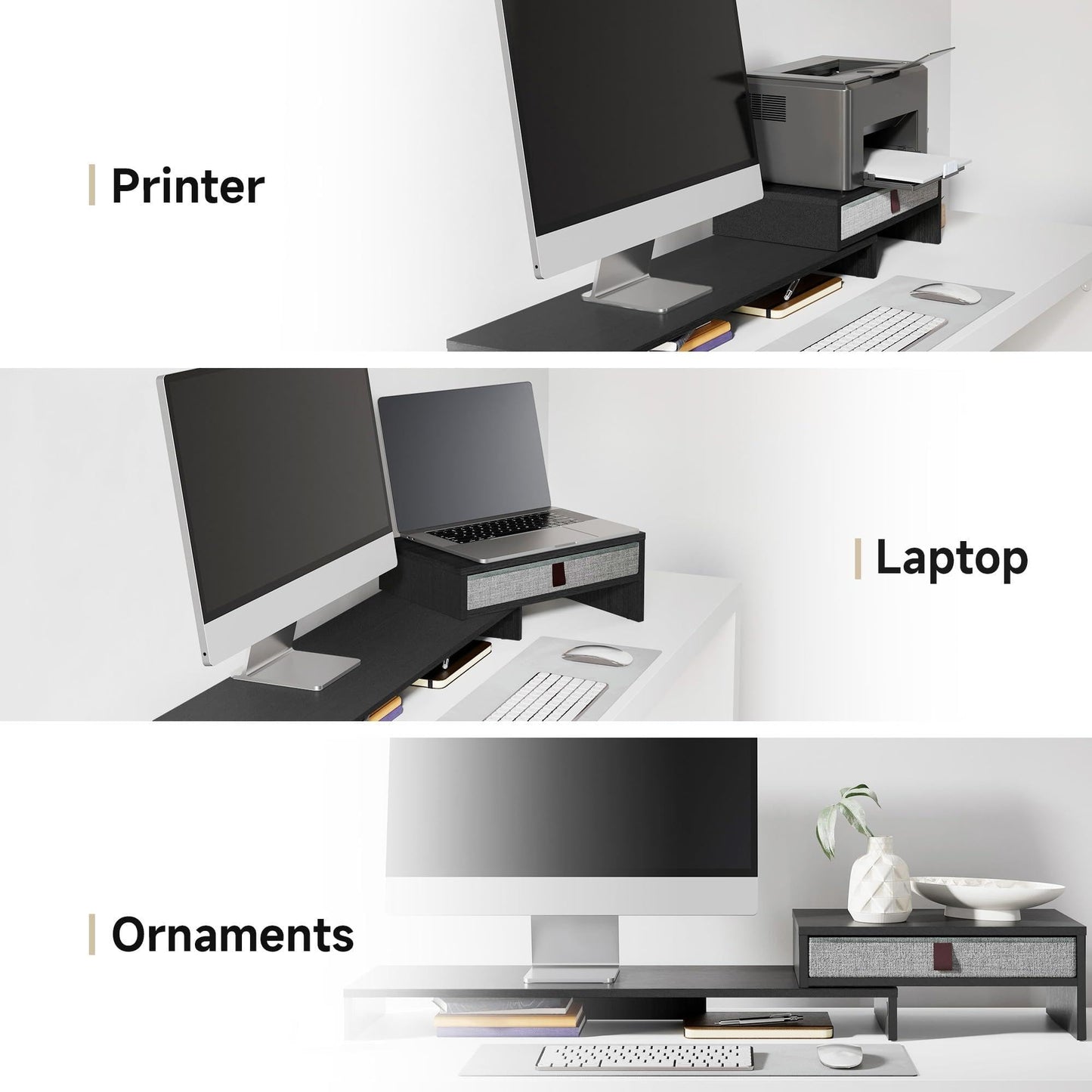 Fenge Computer Monitor Riser Stand with Drawer for 2 or 3 Monitors ,Adjustable Length and Angle Desktop Laptop Stand,Office Organizer,Printer,Black