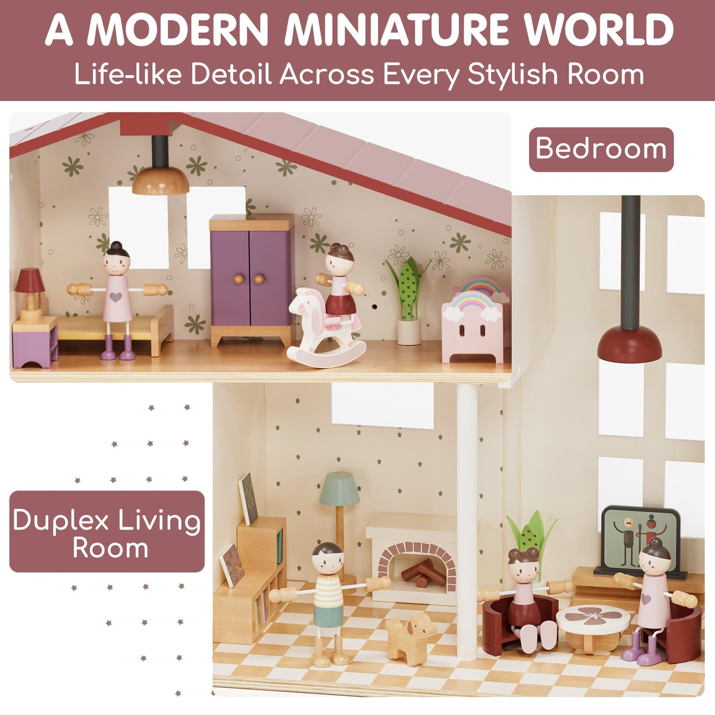 Lehoo Castle Wooden Dollhouse for Girls, Realistic Doll House with 5 Rooms & 38 Accessories, DIY Pretend Play Dream Dollhouse with Doll and Furniture, Ideal Creative Gift for Ages 3+