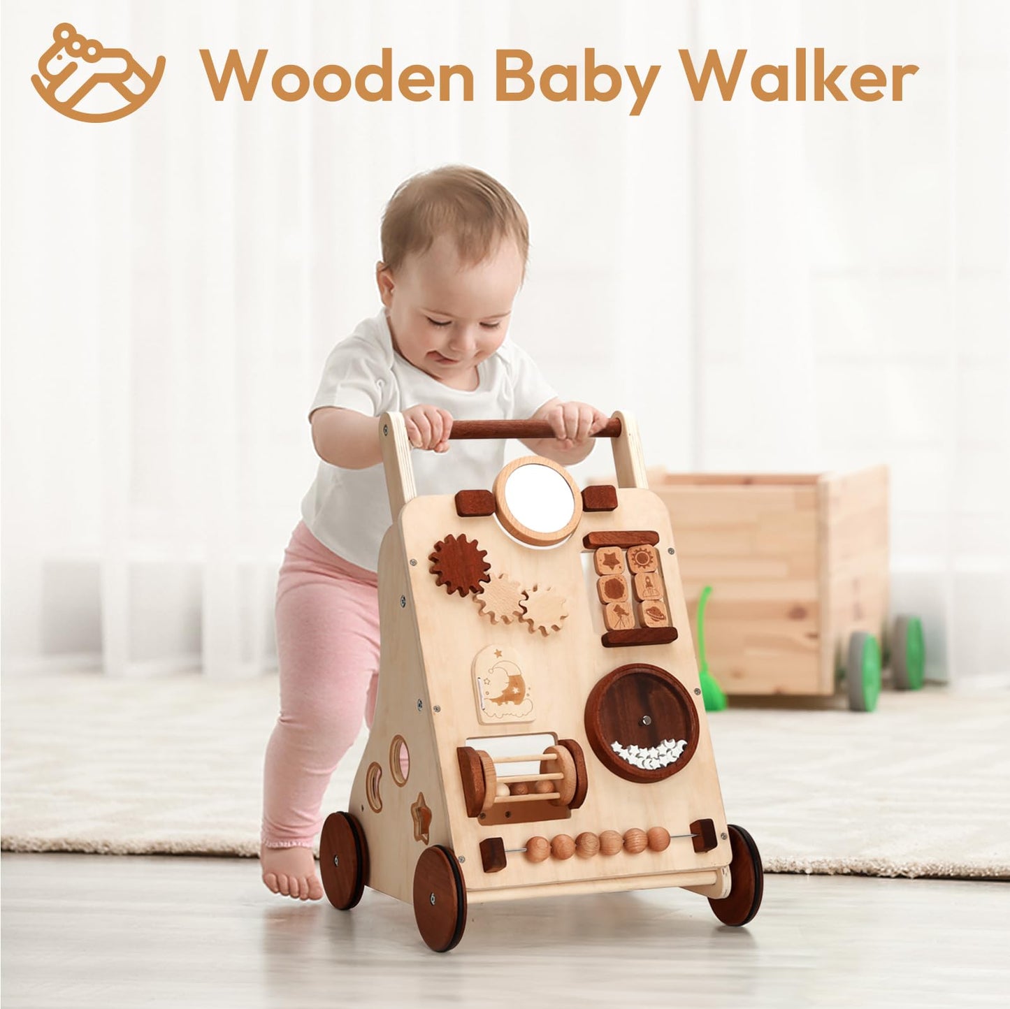 Woodtoe Wooden Baby Walker, Adjustable Speed Push Walker, Montessori Toys for 1 Year Old, Wood Walker for Boys and Girls, Baby Activity Center, Toddler Push Toys, Baby Shower Birthday Toy Gift for 1+