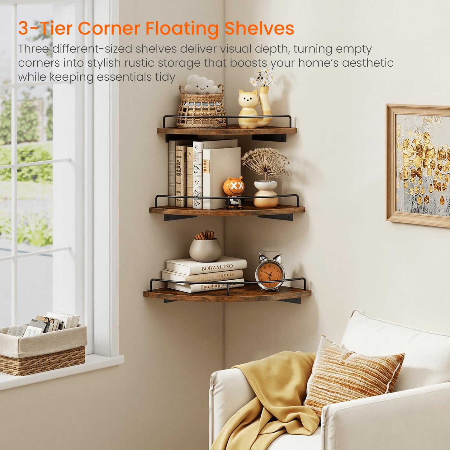 Homode Corner Shelf Wall Mounted Set of 3, Corner Floating Shelves 9/10/12 Inch Deep, Wood Round Corner Hanging Display Shelf with Guardrail for Bathroom Bedroom Kitchen Living Room, Rustic Brown