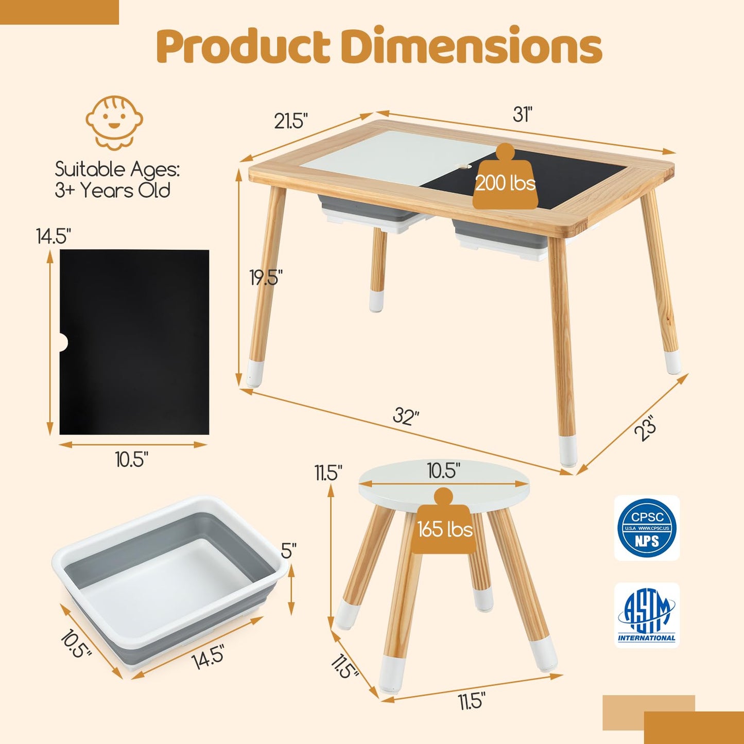 Costzon Toddler Sensory Table and Chairs, Wooden Table and Chair Set w/Double-Sided Boards & 2 Foldable Storage Bins, All-in-One Kids Activity Table for Draw, Sand, Water Play (3 PCS,Natural & White)