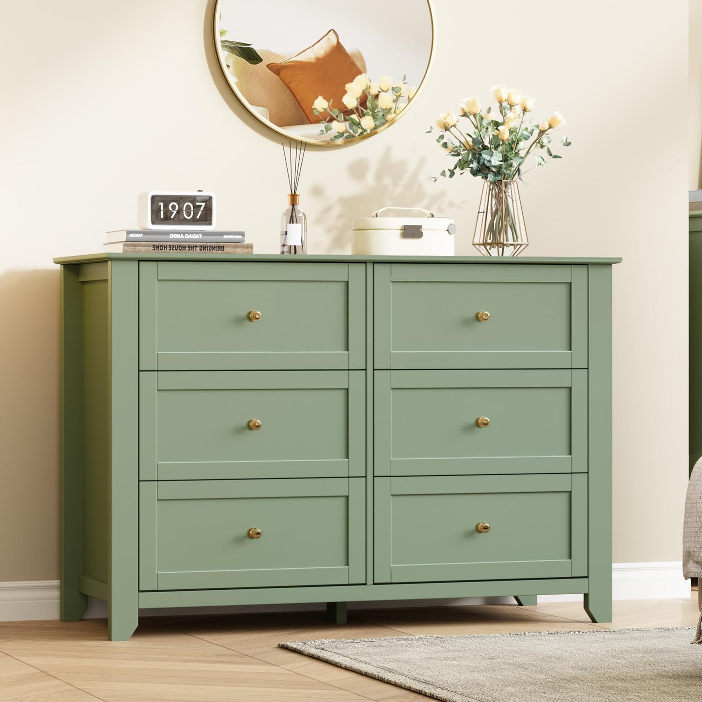 IDEALHOUSE Sage Green 6 Drawer Dresser for Bedroom, Large Dresser with Deep Drawers & Metal Knobs, Modern Wooden Chests of Drawers for Entryway, Hallway