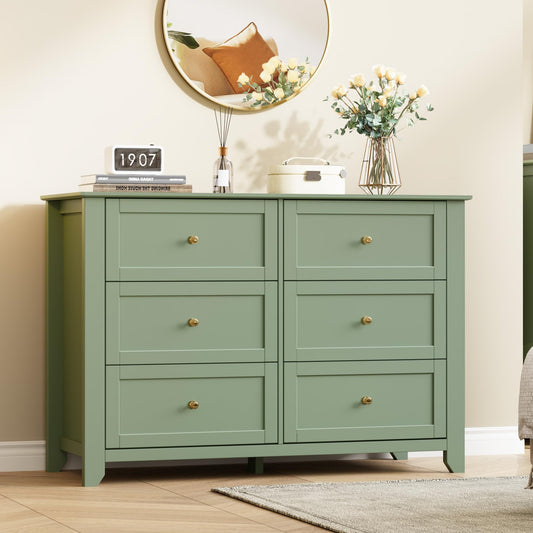IDEALHOUSE Sage Green 6 Drawer Dresser for Bedroom, Large Dresser with Deep Drawers & Metal Knobs, Modern Wooden Chests of Drawers for Entryway, Hallway
