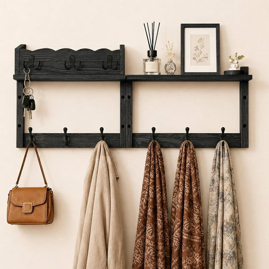 Dellicasi 28" Coat Rack Wall Mount with Shelf, Entryway Wall Mounted Coat Rack Wood Wall Coat Hooks with 7 Hooks 3 Key Hanger, Key Holder Wall Mount Mail Holder for Living Room, Bedroom
