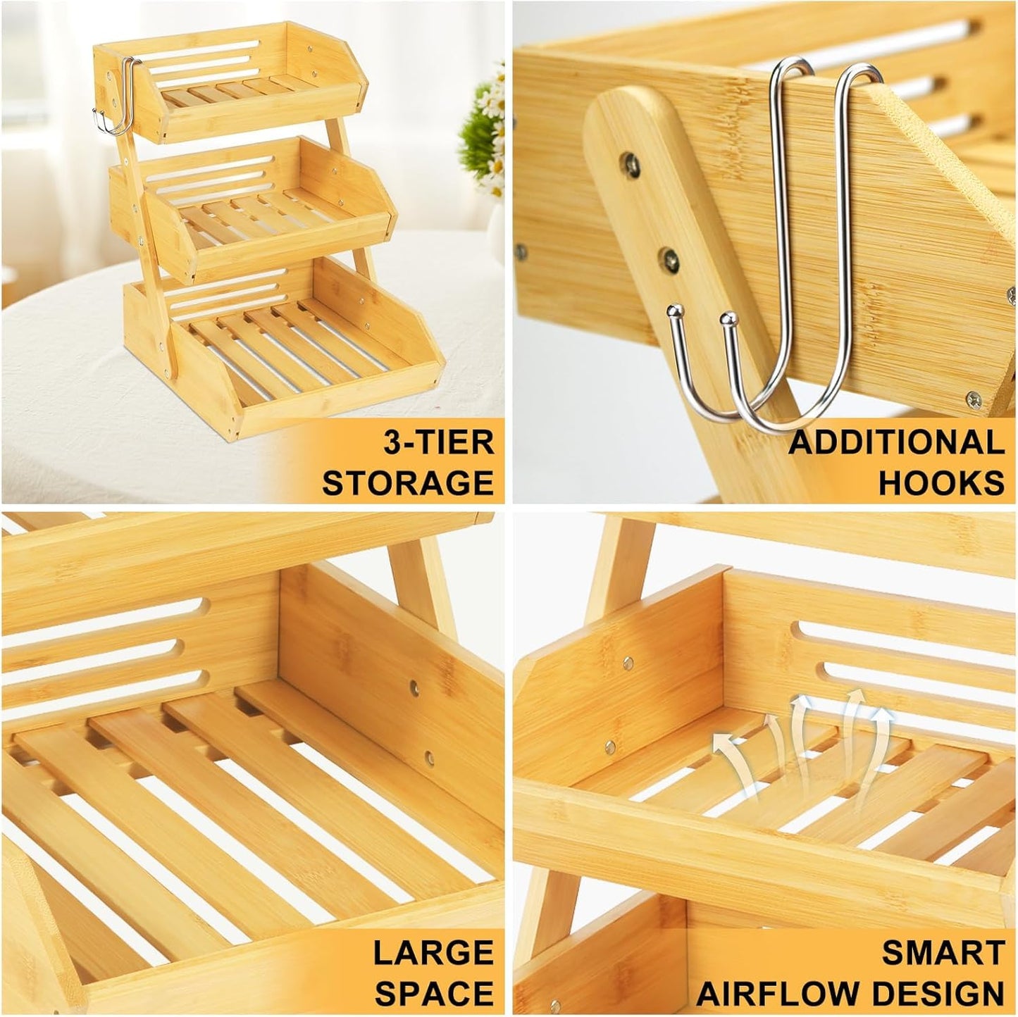 NadaKin Bamboo Fruit Basket 3 Tier for Kitchen Counter, Assemble Display Stand for Countertop with 2 Metal Hooks, Large Storage Organizer Produce Holder for Vegetables, Bread, Snacks
