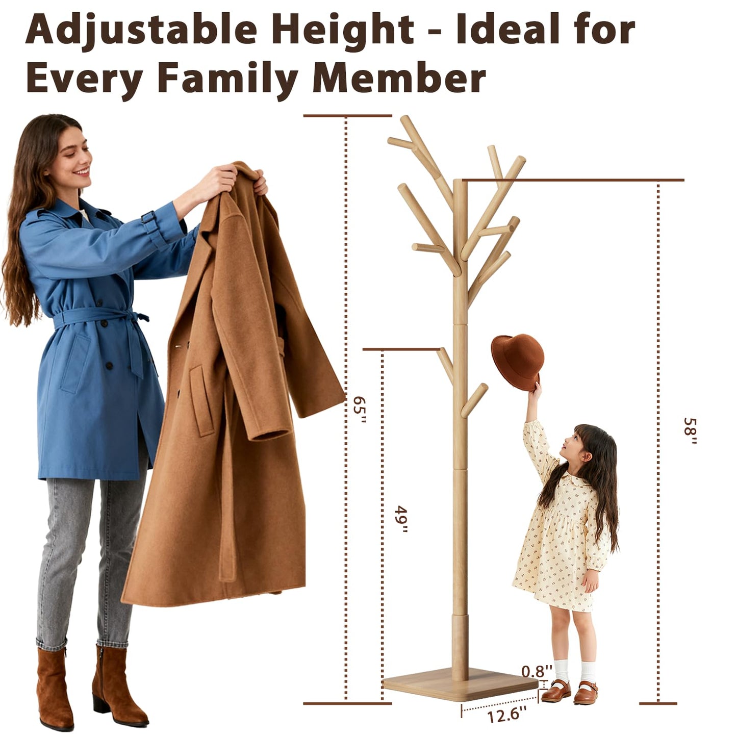 Solid Wood Coat Rack - Freestanding Coat Hat Rack Stand with 14 Hooks, Clothes Rack Heavy Duty Space Saving Entryway Coat Tree Hanger Rack for Coats Jackets Hats Bags, Adjustable Height (Natural)