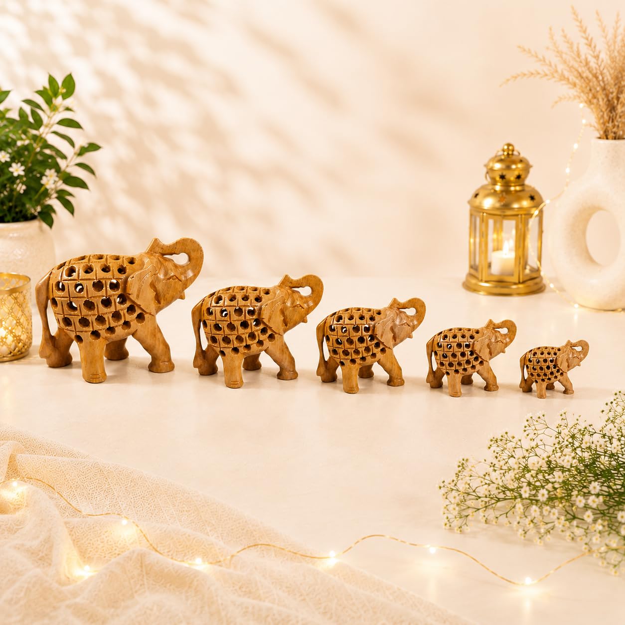 Yepsio Wooden Elephant Figurine Set, Hand Carved, 5 Pieces, 2-4 inches, Decorative Home Gift