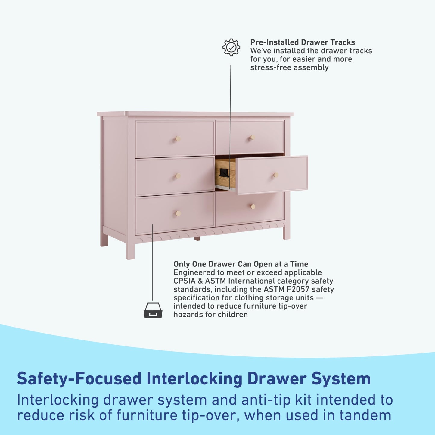 Graco Sasha 6 Drawer Dresser (Blush) – GREENGUARD Gold Certified, Wood Storage for Nursery or Kids’ Room, Safe Interlocking Drawer System & Easy Assembly with Pre-Installed Tracks