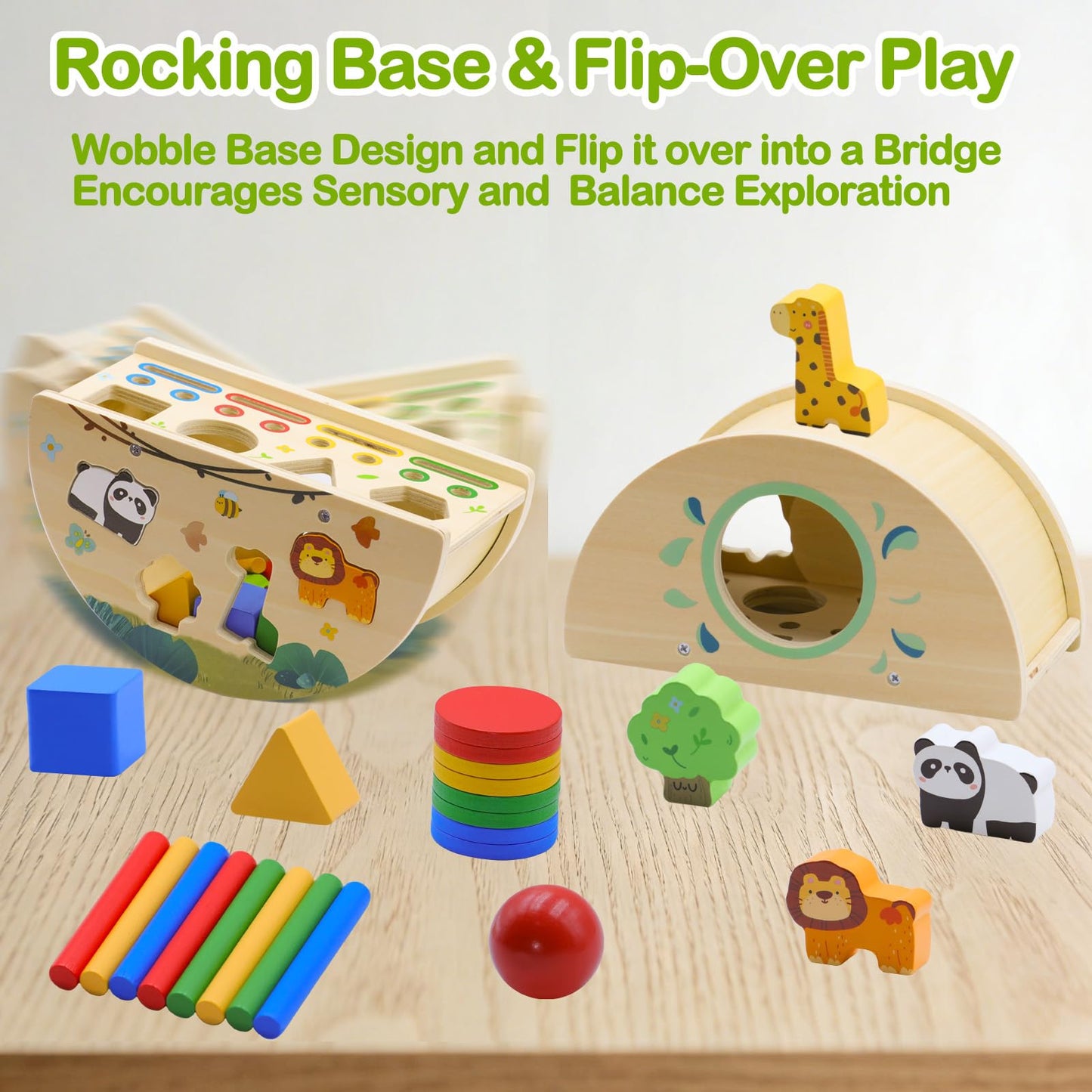 Humerry Montessori Busy Box for Toddlers 1-3, Wooden Object Permanence Coin Box with Shape Sorter & Animal Matching, Fine Motor Sensory Learning Toy with Wobble Base, Gift for 1 2 3 Year Old
