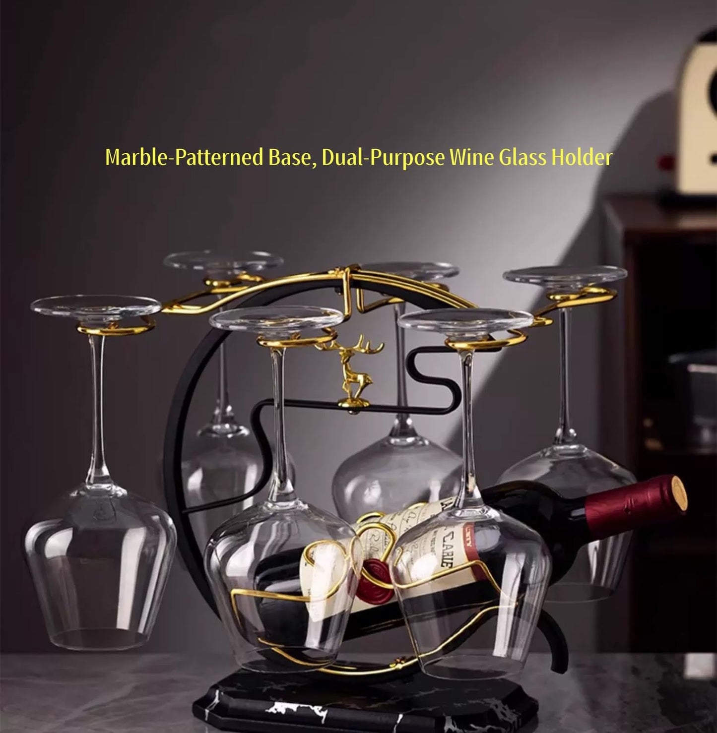 Homya Wine Rack—Countertop Wine Glass and Bottle Holder, Glass Storage Rack, Wrought Iron Storage Rack, Deer Design (6 Wine Glasses + 1 Bottle), Premium Wine Rack