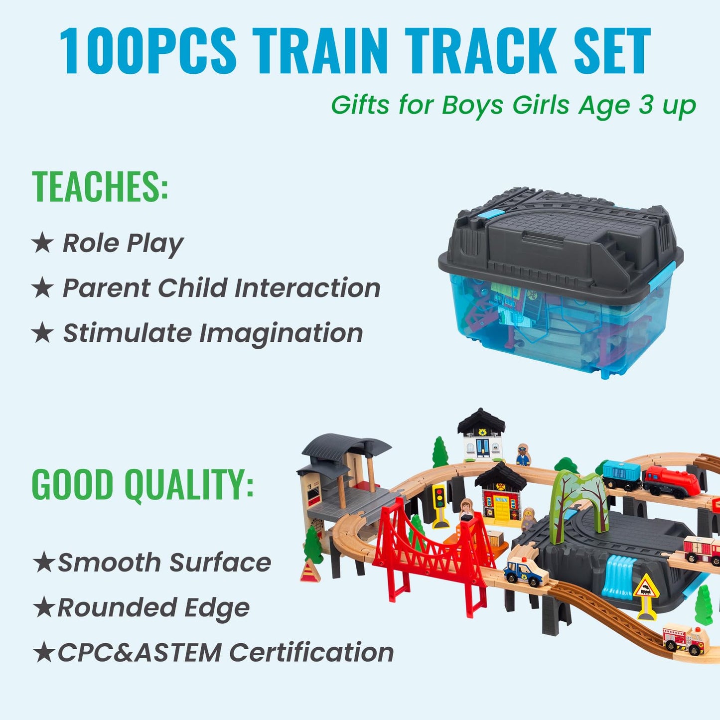 WoodenEdu 100Pcs Wooden Train Set for 3 Year Old Boys, Double-Side Train Set Tracks with Bridge Train Station & Storage Box, Fits Brio, Thomas, Melissa and Doug, Kids Gift Toys for Boy 3-7 (100pcs)