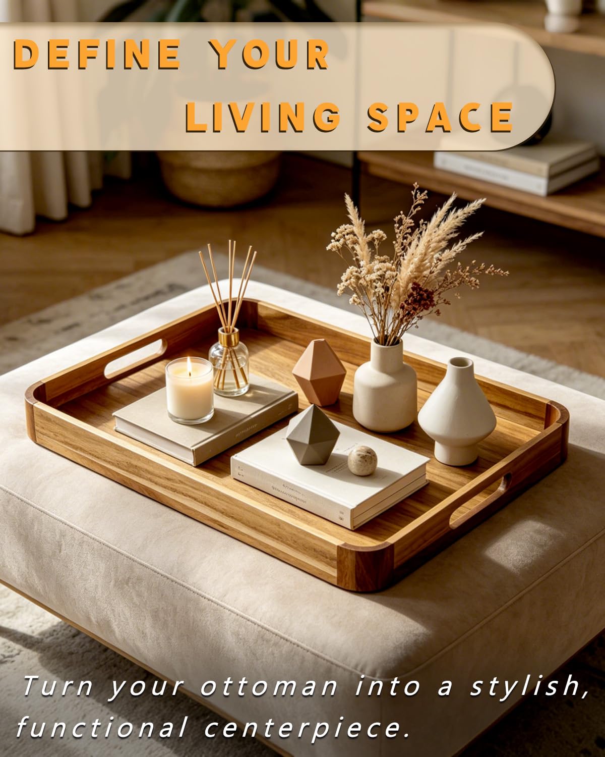OurMiao 22" x 15.75" Acacia Wood Serving Tray with Handles Rounded Corners, Large Rectangular Wooden Ottoman Tray for Living Room, Coffee Station