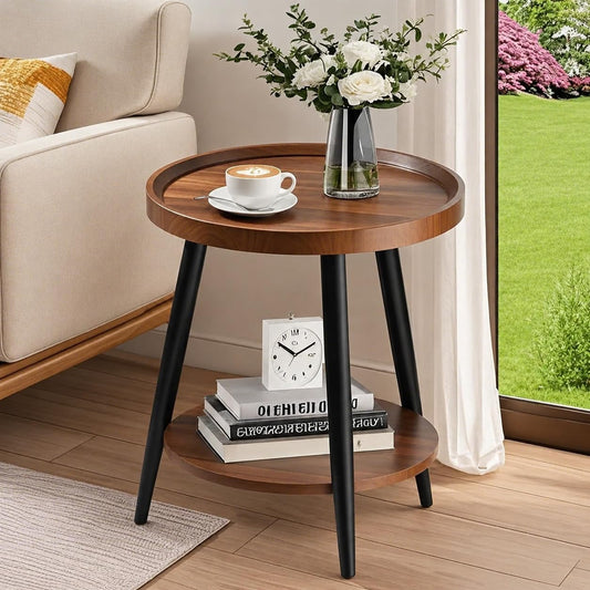 FANTERSI Small Round Side Table, 2-Tier Mid Century Modern Side Table, Round End Table Small End Table for Living Room, Metal Frames, Brown