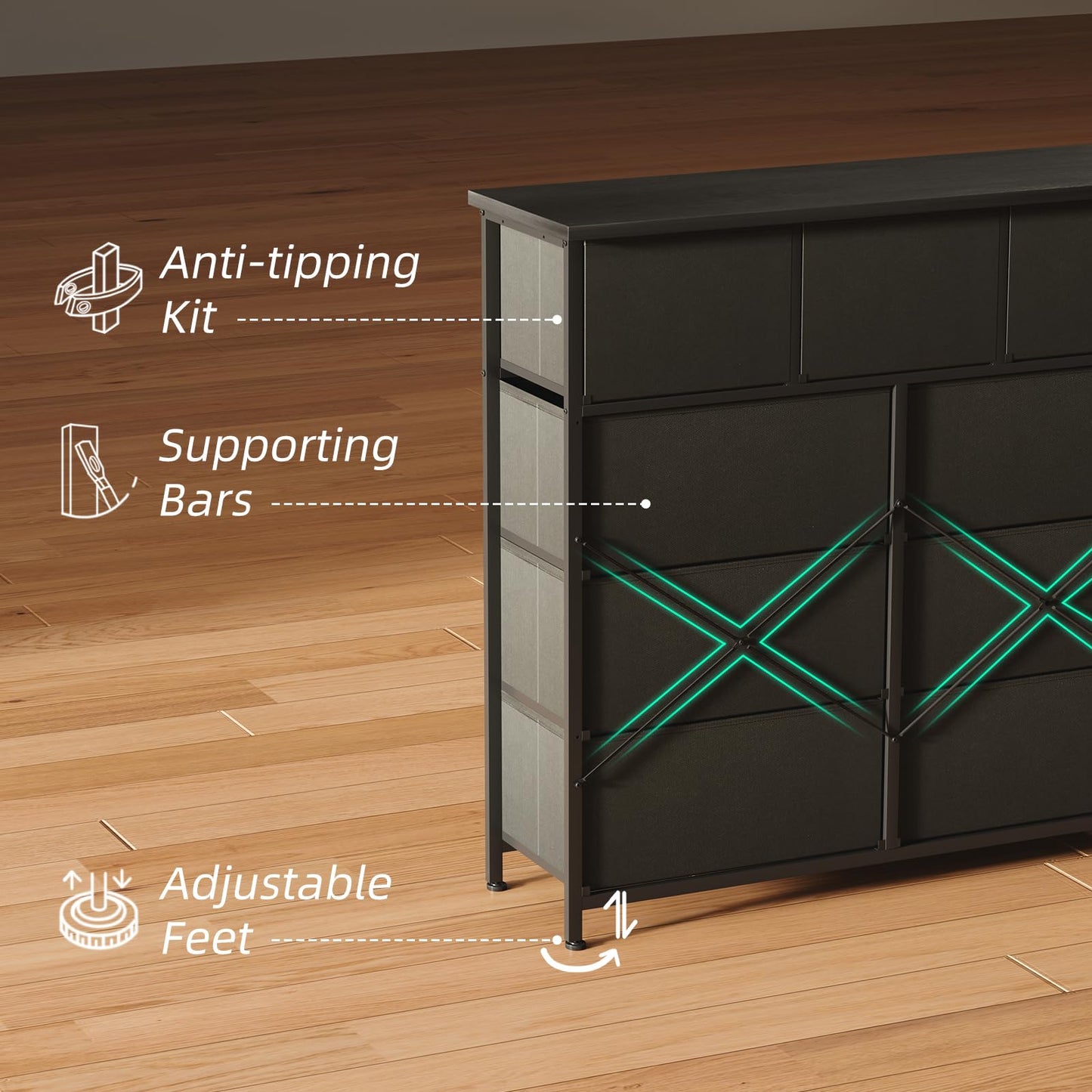 MUTUN Drawers Dresser for Bedroom,Wide Chest of Drawers for Closet, Clothes, TV Stand with Storage Drawers, Wood Board, Fabric Drawers,Floral Painted (9 Drawers)