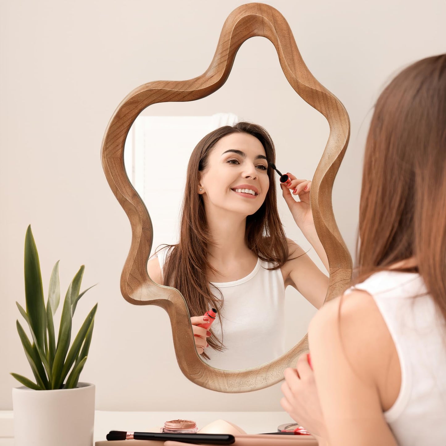 sawsile Irregular Wall Mirror,21""x 32""Asymmetrical Mirror Wood,Wooden Framed Wall Mirror,Modern Large Vanity Bathroom Mirror,Walnut Wavy Mirror for Entryway,Bedroom,Living Room,Washroom, Brown a