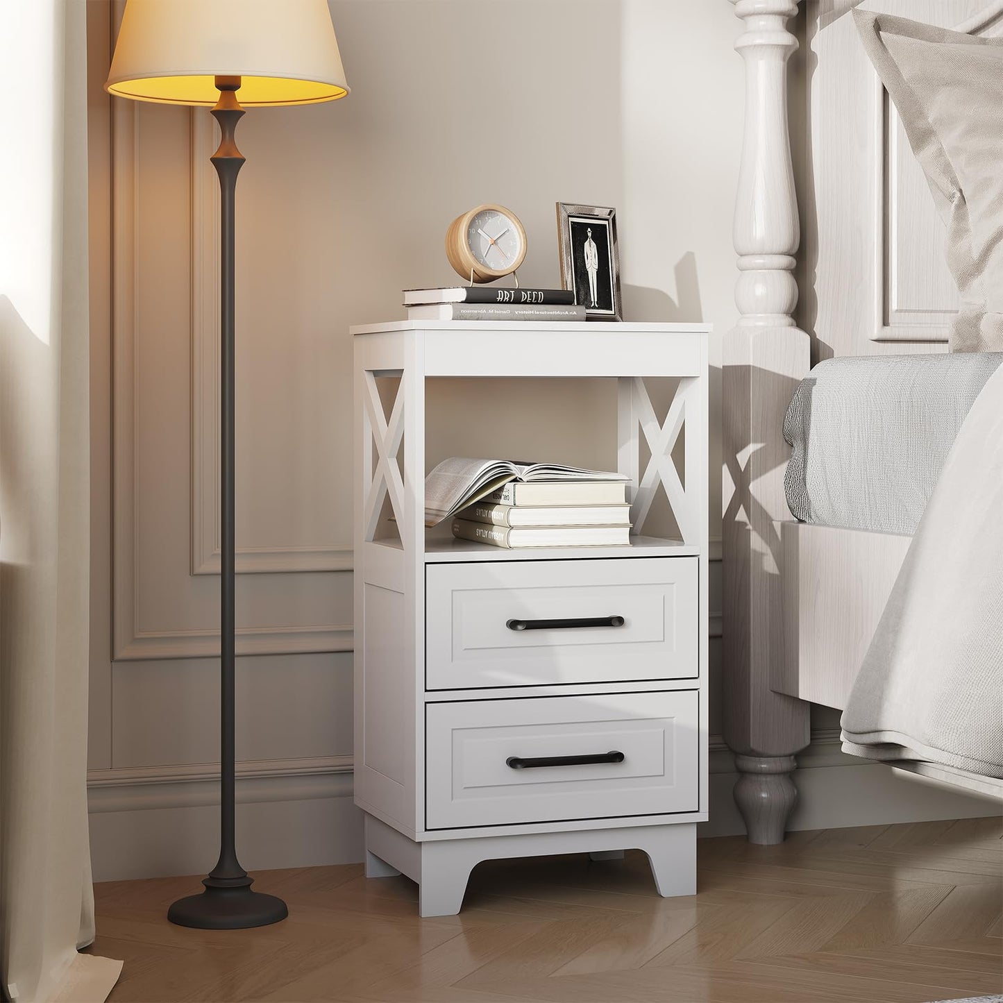 ZYKZYK Tall Nightstand Set of 2 Side Table with 2 Drawers Modern Night Stand Wooden End Table Bedside Table with Upper Open Shelf Solid Feet for Bedroom, White