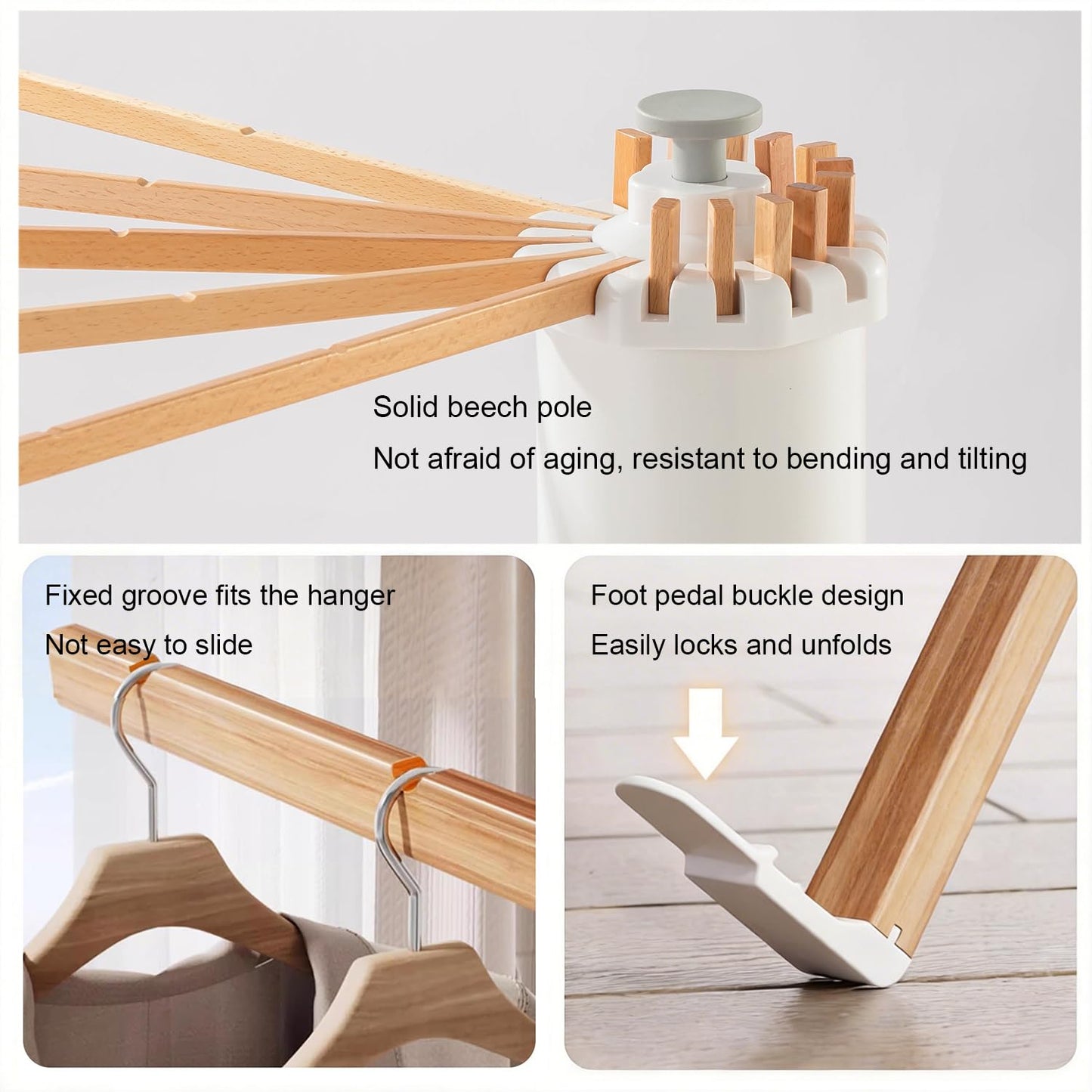 AZHZOLSK Clothes Drying Rack Tripod, Floor Standing Laundry Drying Rack, Portable & Foldable with 16 Wooden Poles Space-Saving Drying Rack for Laundry, Retractable Collapsible for Balcony Bedroom