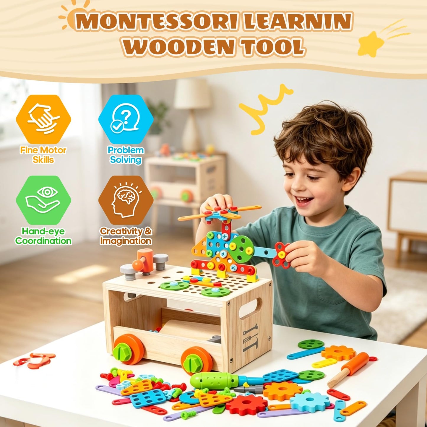 Brownroot Kids Wooden Tool Set, Toddler Workbench with Toy Drill & Storage Cart, STEM Construction Building Toys, Montessori Gift for Boys Girls 3-6