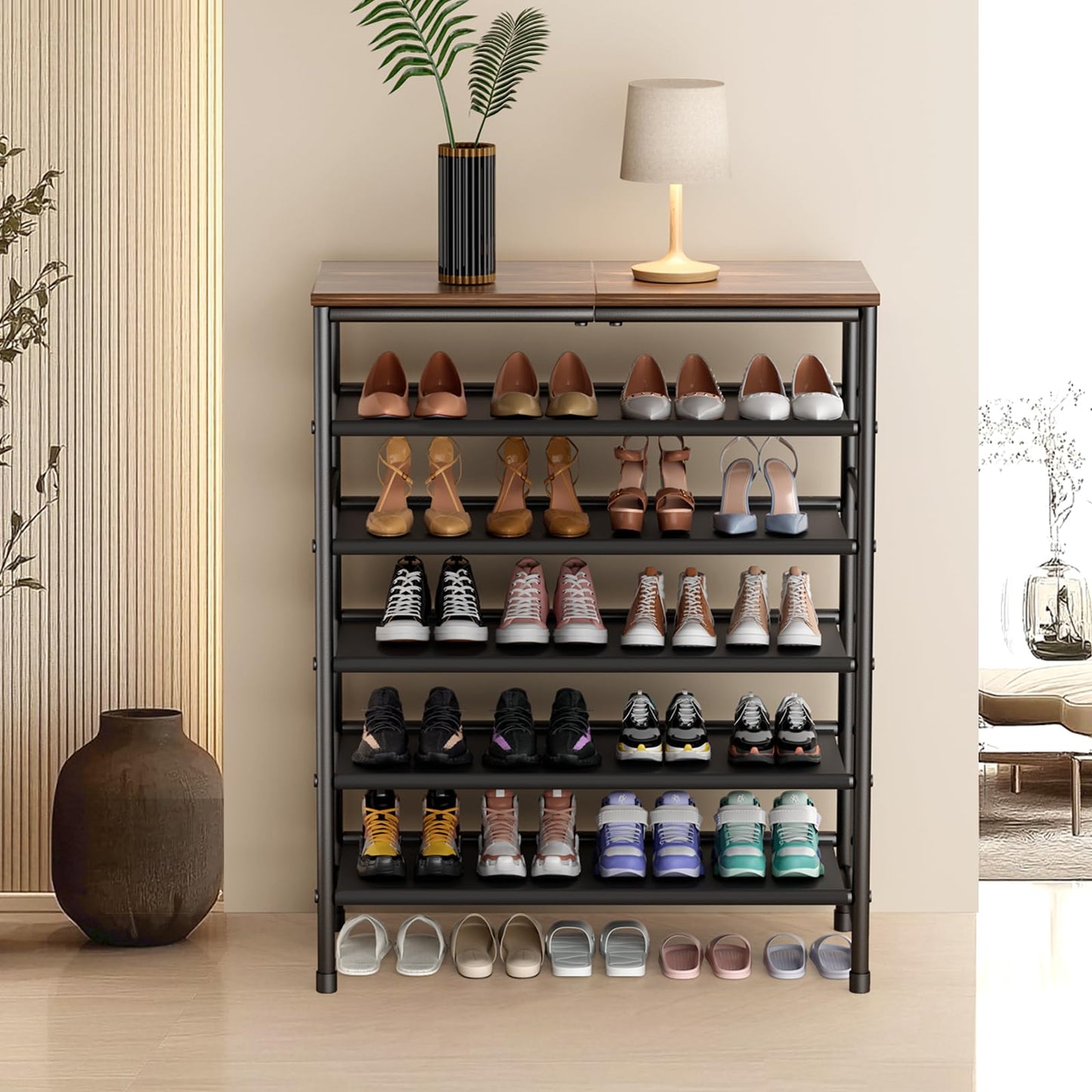 Mavivegue 4-Tier Metal Shoe Rack, Shoe Storage Organizer with Non-Woven Fabrics Shelves and Wooden Top Board, Entryway Shoe Stand for Closet Bedroom Living Room Garage, Black & Rustic Brown