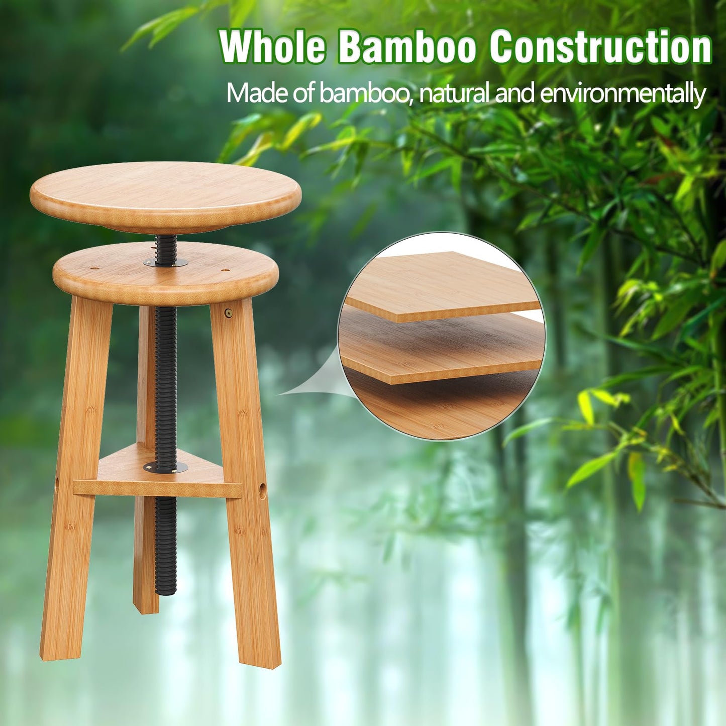 Trironsun Adjustable Height Bamboo Drafting Stool with Canvas Padded Seat 19"–26" Swivel Drafting Chair for Drawing, Painting, Office, Kitchen, or Home Studio Natural Finish