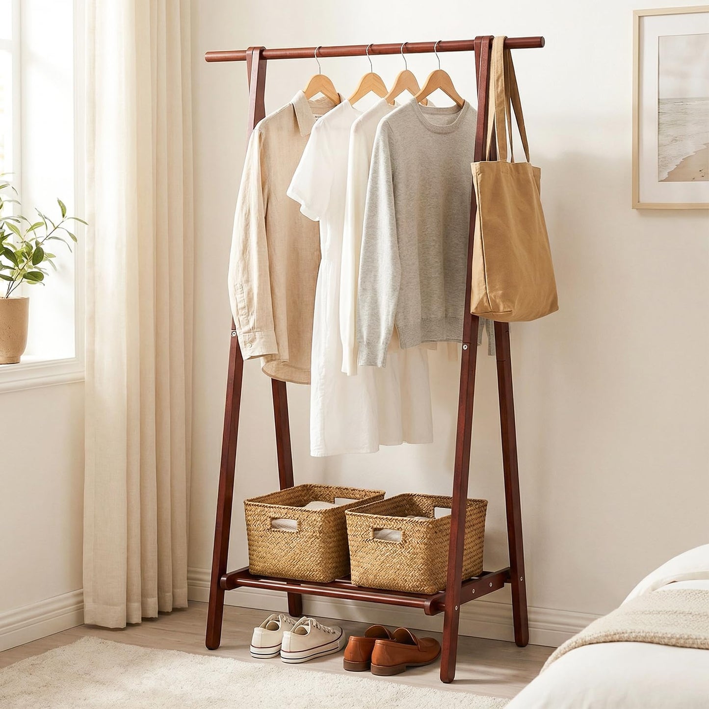 Giantex Folding Clothes Rack, Solid Rubber Wood Clothes Hanging Stand with Storage Shelf for Garments Hats Handbags, Wooden Clothing Rack for Bedroom, Living Room, Entryway
