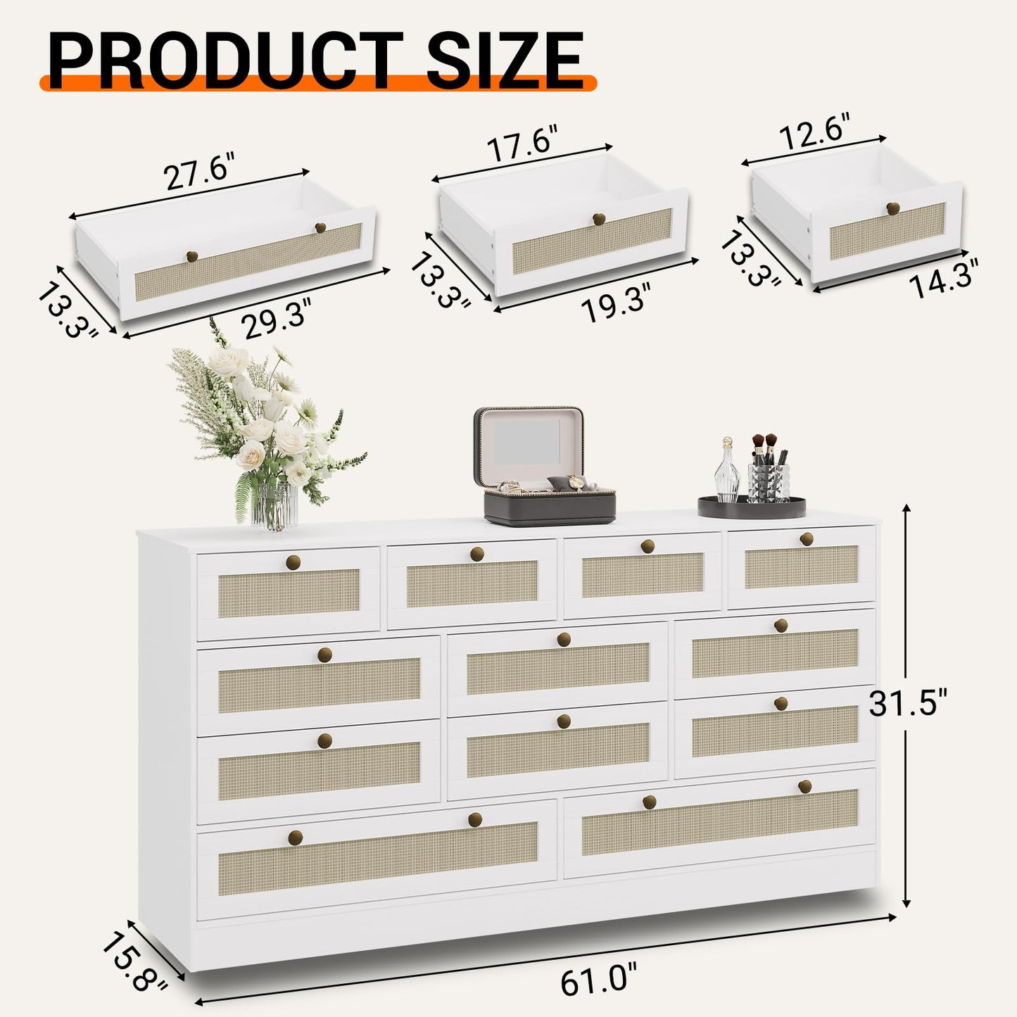 GarveeHome 12 Drawer Wooden Dresser for Bedroom, Rattan Chest of Drawers for Closet, Living Room, Hallway, 61 Inch Wood Wide TV Stand Dressers for 65 Inch TV, Modern Dresser for Adult Room