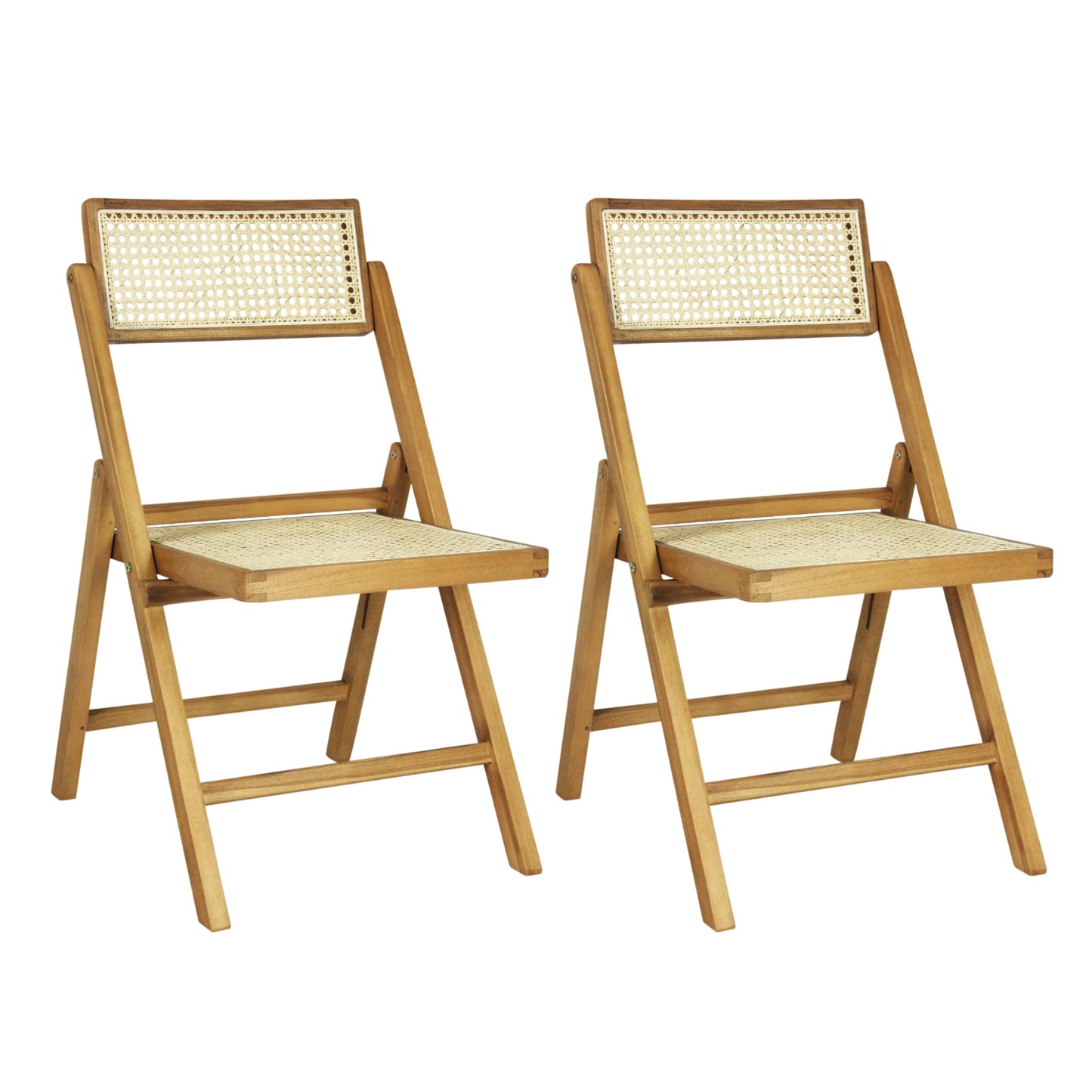JONATHAN Y Theo Teak Wood and Rattan Folding Chairs Set of 2 for Dining and Living Room, Mid-Century Woven Cane Armless Portable Indoor Accent Seats, Natural Light Brown FLD1000A-SET2