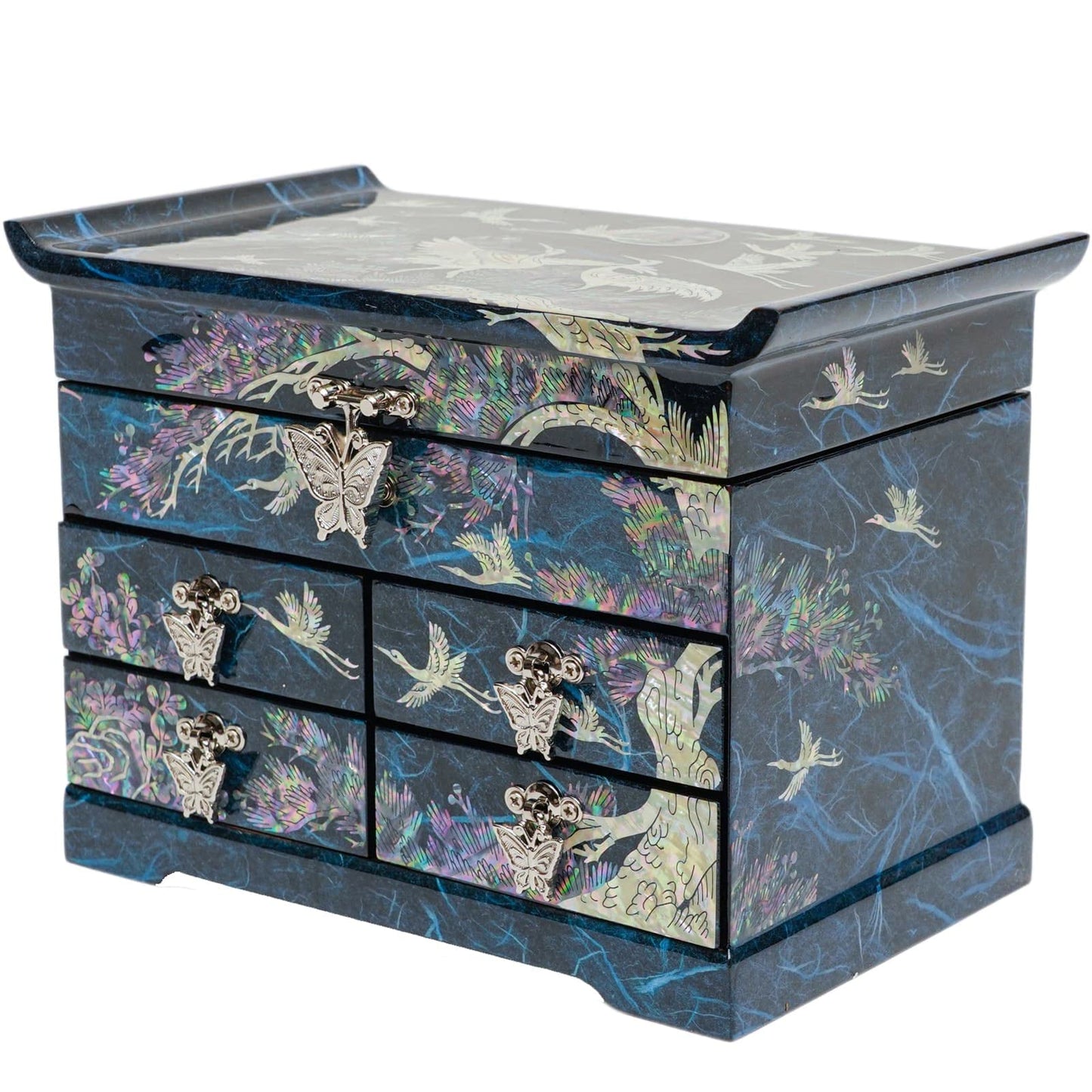 February Mountain Mother of Pearl Wooden Jewelry Organizer Box – Jewelry Storage Box for Women, Features Spacious Drawers, Ideal for Rings, Bracelets, Watches, Chains, Accessories (Crane_Blue)