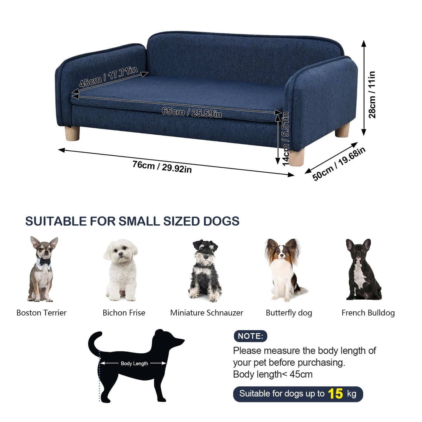 Big Sized Dog Bed -Wooden Frame Pet Sofa Couch, Washable Cushion Cat Couch, Linen Fabric Dog Sofa and Chair for Medium Pet Rest. (Blue)